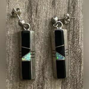 Vintage Sterling Silver, Black Onyx and Opal earrings